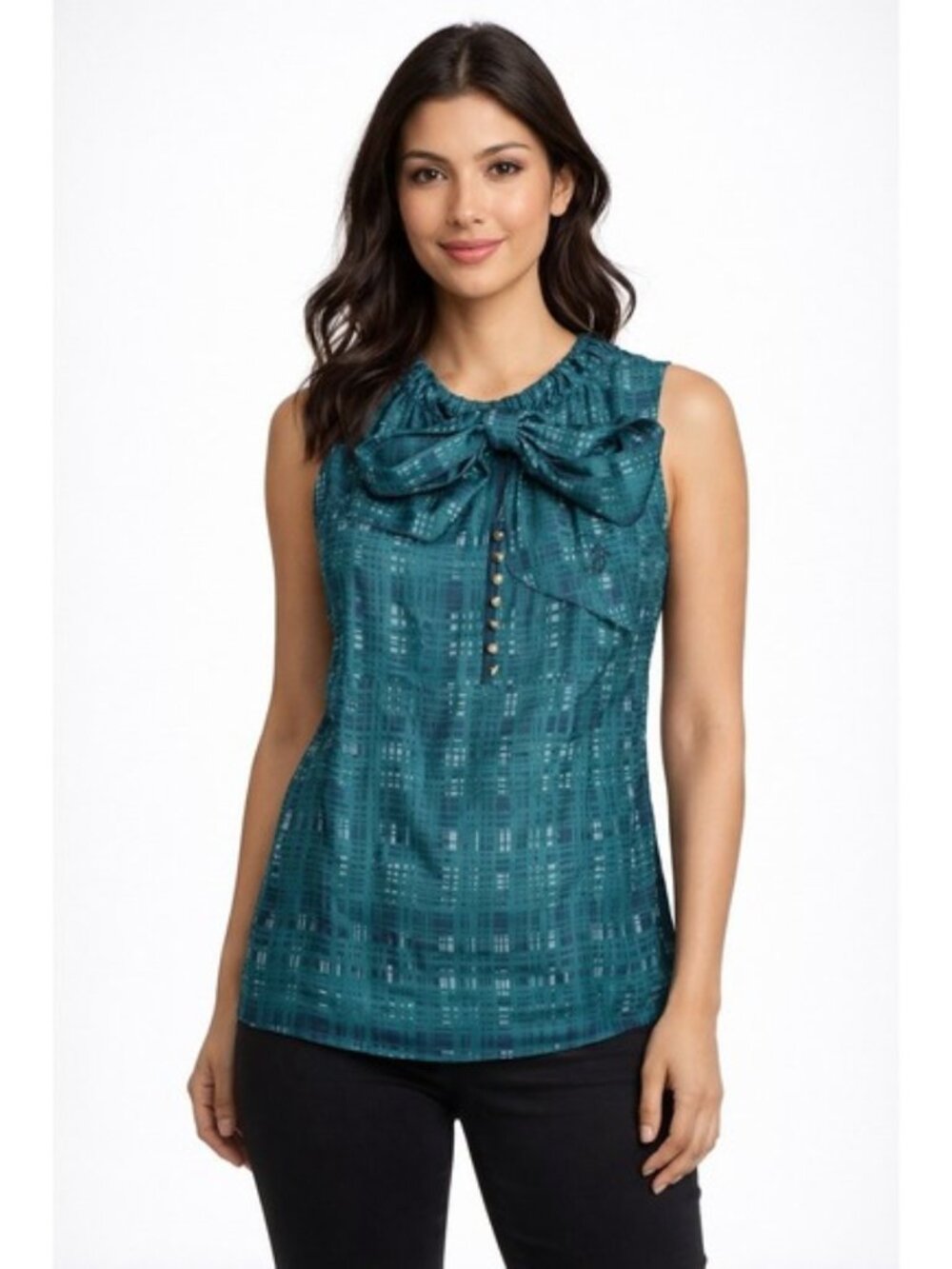 TORY BURCH 100% silk blouse top green teal sleeveless tie neck SIZE 8 - Picture 2 of 12